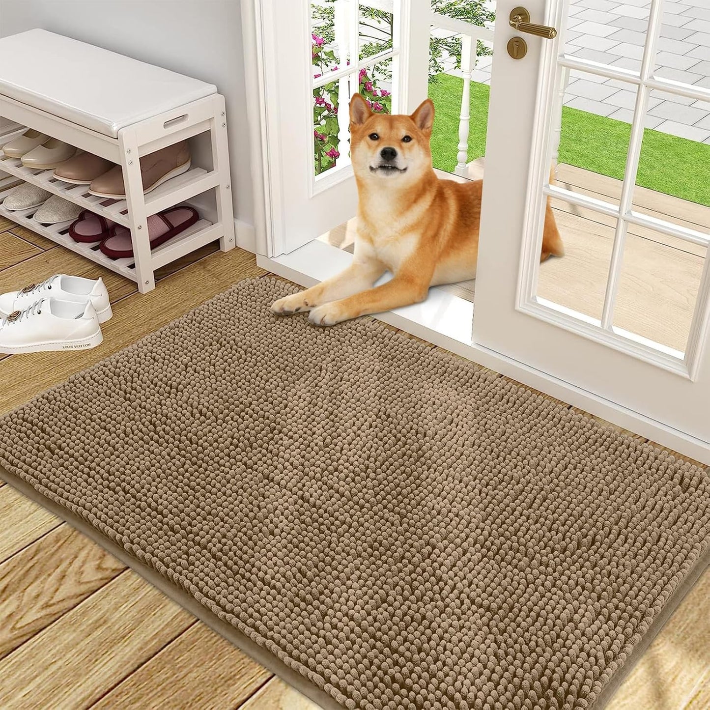 OLANLY Dog Door Mat for Muddy Paws 48x30, Absorbs Moisture and Dirt, Absorbent Non-Slip Washable Doormat, Quick Dry Chenille Mud Mat for Dogs, Entry Indoor Entryway Carpet for Inside Floor, Tan