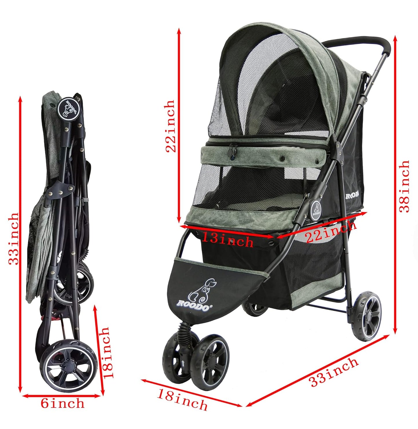 ROODO 3 Wheel Dog Pet Cat Stroller Best Lightweight Foldable Compact Portable Jogger All Terrain Travel Pet Gear Puppy Kitty Stroller for up to 30lbs Medium Small Dogs and Cats(Cationic ash)