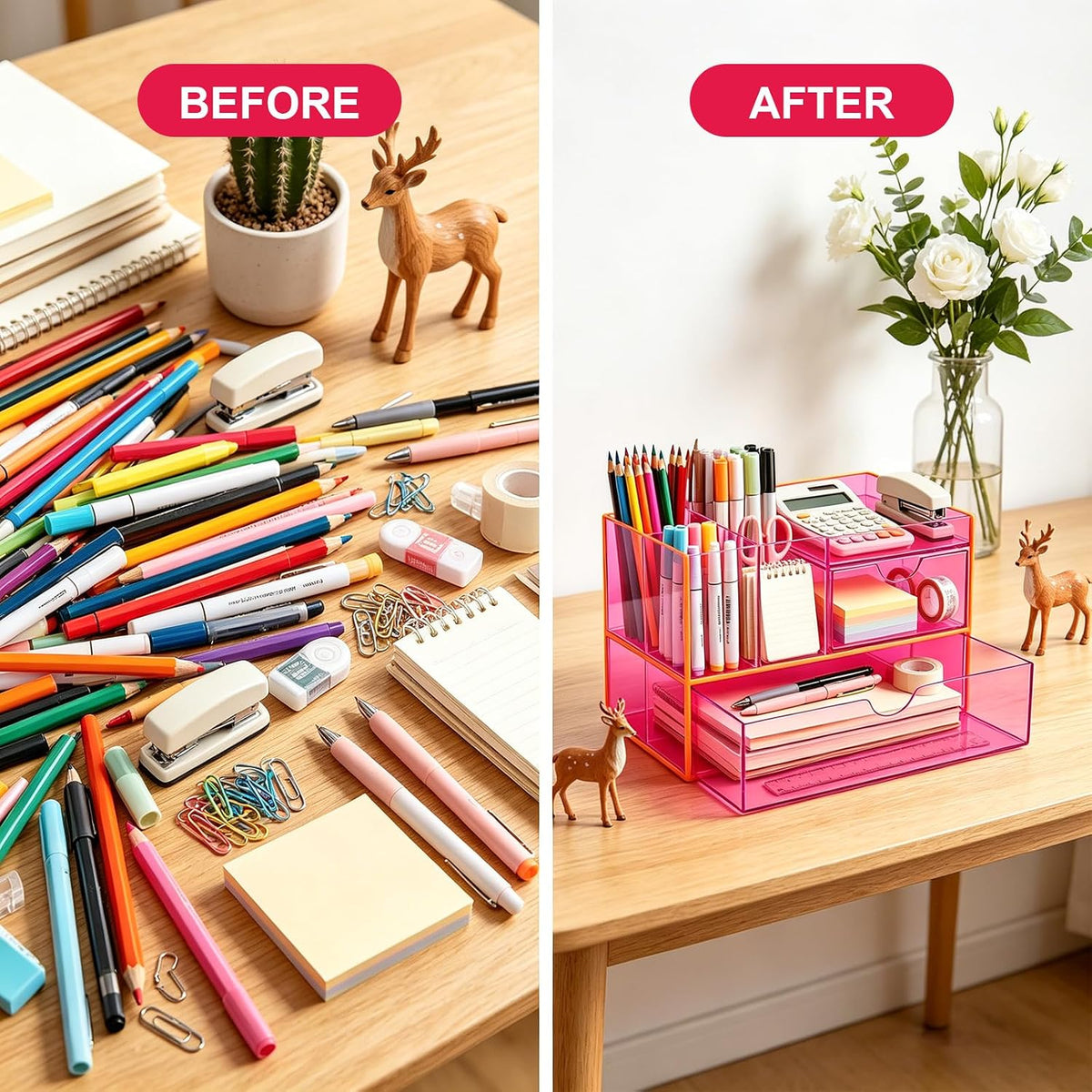 Desk Organizer with Drawers Acrylic Desktop Organizer Pen Holder Caddy for Office Supplies Makeup Organizer for Vanity, Neon Pink