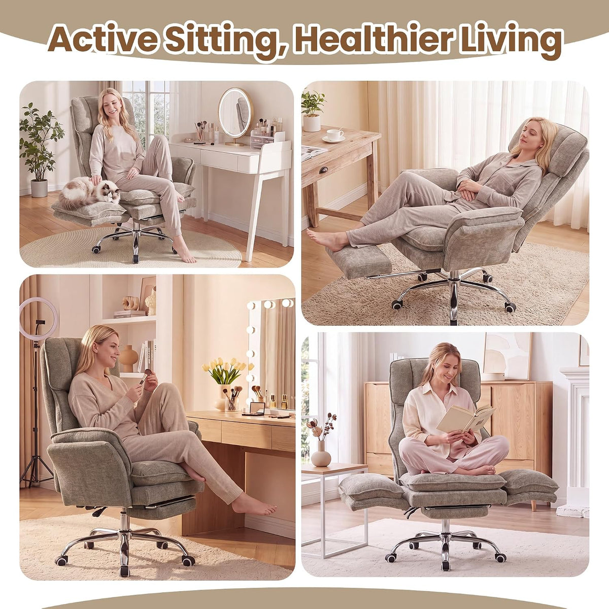 Big and Tall Office Chair with Flip Arms and Footrest, Chenille Criss Cross Legged Home Office Desk Chair with Pet Seat, Comfy Reclining Computer Gaming Chair, Khaki