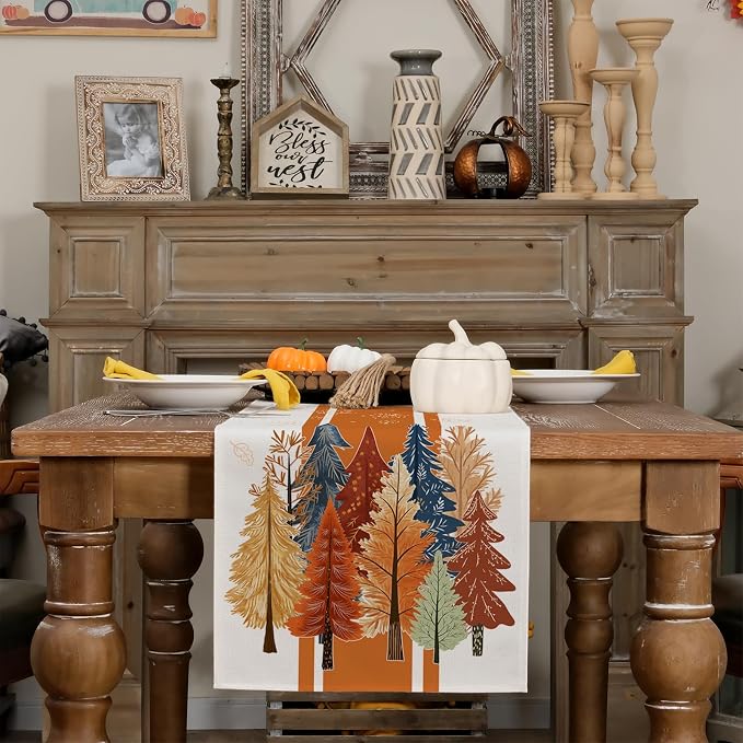 Fall Watercolor Trees & Maple Leaves Striped Table Runner 13x48 Inch, Rustic