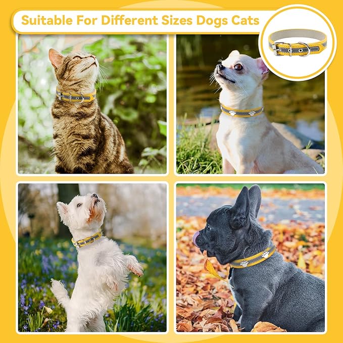 PETCARE Reflective Dog Collar with Cute Paw Rivet Studded Funny Soft PU Leather Adjustable Puppy Dog Collars for Small Medium Large Dogs Cats (Yellow,XX-Large)