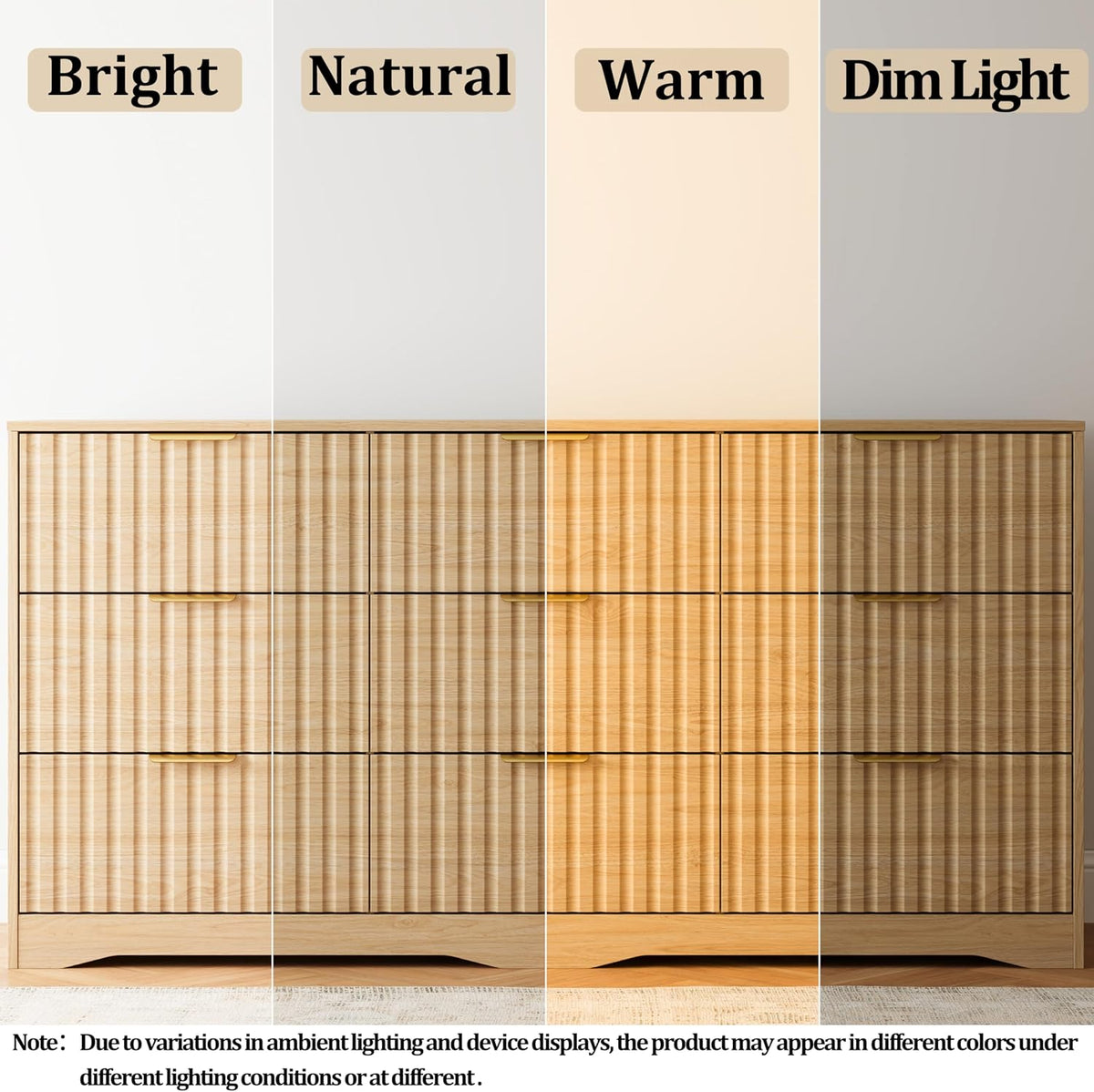 Fluted 9 Drawers Dresser for Bedroom, 63" Wide Wood Dressers, Natural Oak