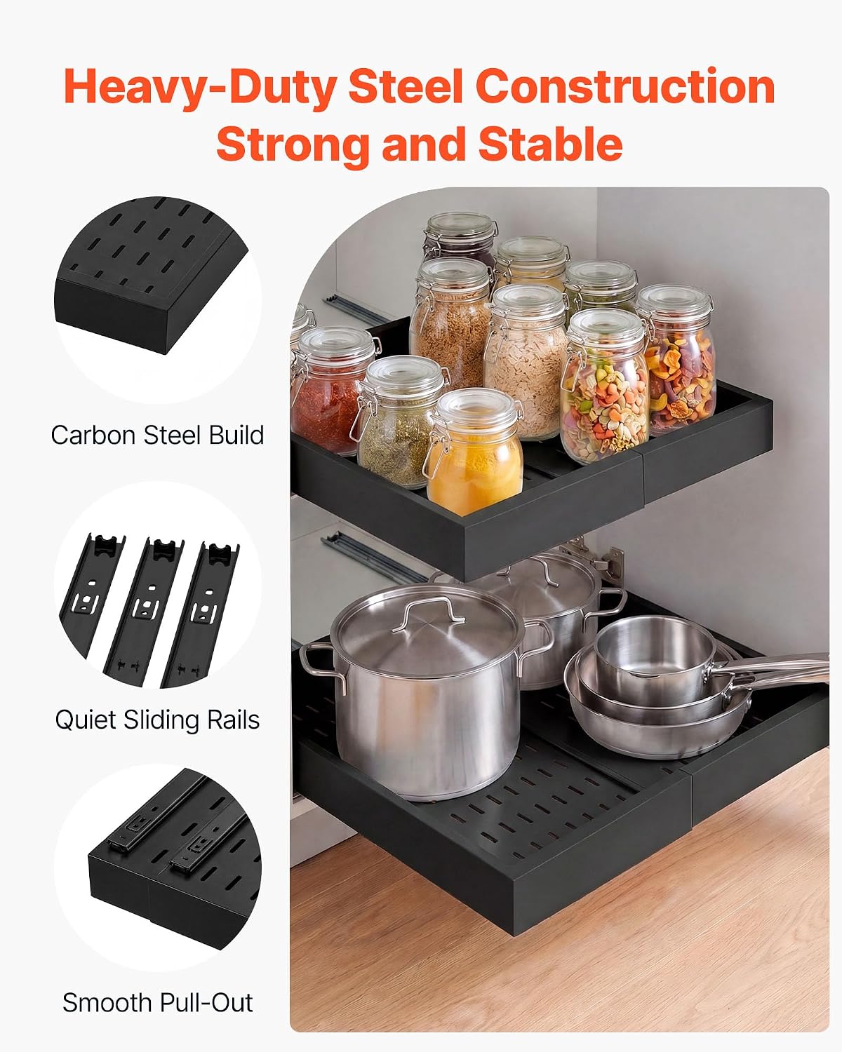 VEVOR Pull Out Cabinet Organizer, 2 Pack Expandable Width (12.2"-18.9"), 20.47" Deep Pull Out Drawers for Cabinets, Sliding Drawer for Kitchen Pantry Cabinet Organizer with Nano Adhesive Strips, Black