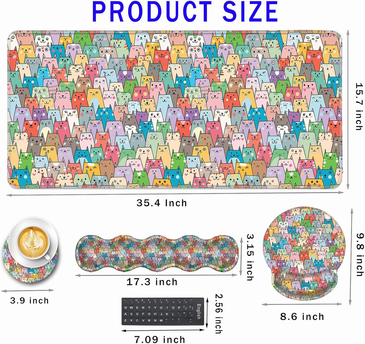 Mouse Pad,Large Pink Desk Mat, 4in1 XXL Mousepad + Keyboard Wrist Rest+Mouse Wrist Rest+Coaster Set with Ergonomic Desk Pad for Home Office Table Computer-Colorful Cats