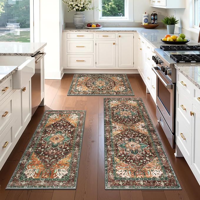 Yamaziot Washable Kitchen Runner Rug Set of 3, Non-Slip Boho Vintage Hallway