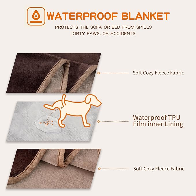 Water Proof Blanket 50x60 Inches - Reversible Flannel Blanket for Bed, Sofa,Couch- Spillproof, Leakproof Soft Double-Sided Brown Throw Blanket for Adults, Pets, Couples
