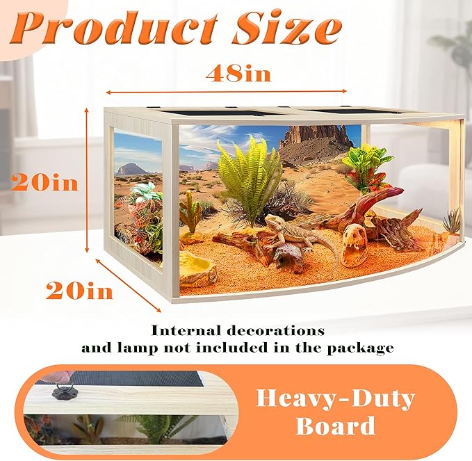 PROLEE Bearded Dragon Tank, Curved Reptile Enclosure with 3-Side Clear Acrylic Panels, Spacious Lizard Tank with Metal Mesh Top and Lockable Door for Reptile Habitat (Oak, 48" Length,80 Gallons)