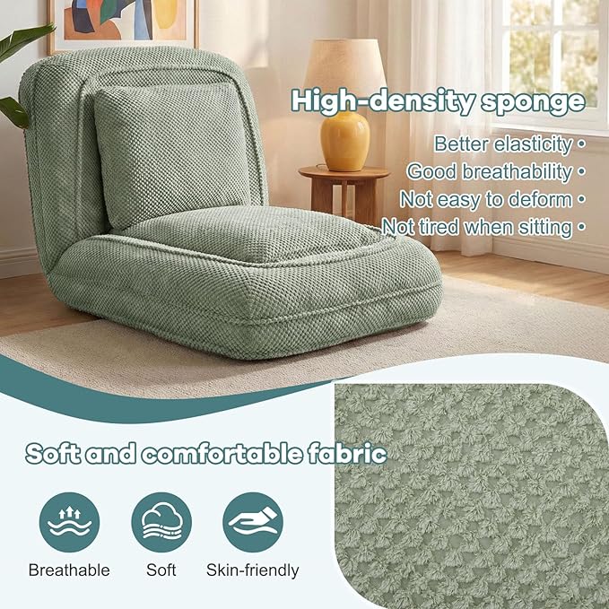 Human Dog Bed for Adults & Pets, 5-Position Adjustable Floor Chair, Convertible Lazy Sofa Bed with Metal Frame & 2 Pillows, Plush Gaming Lounge for Living Room Bedroom Office (Green)