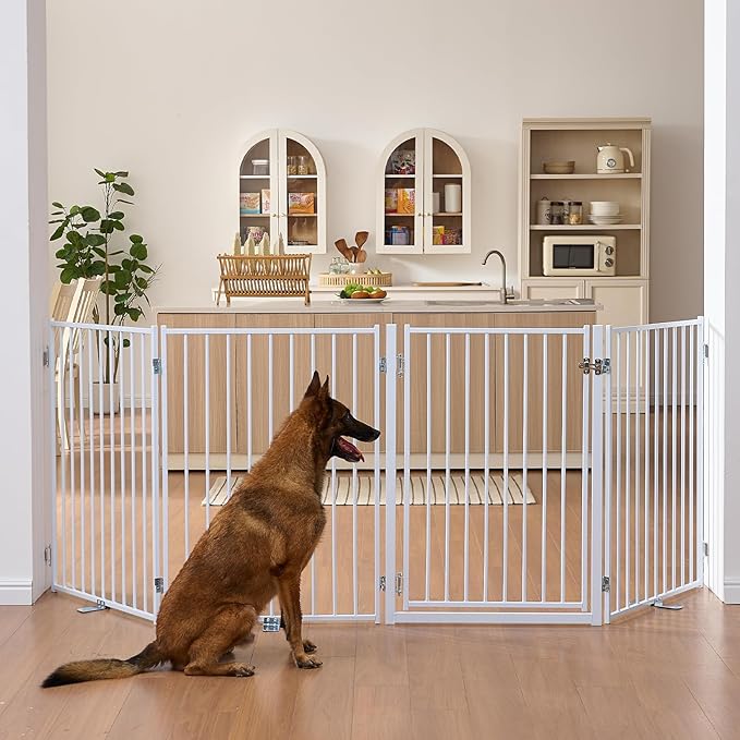 No Pawblems Free Standing Dog Gate with Door, 36'' Tall Foldable Dog Fence for Indoor & Outdoor, Up to 104 Inch Extra Wide Puppy Gate for Stairs, Hallways, Doorways, Deck, Yard (White, 4 Panels)