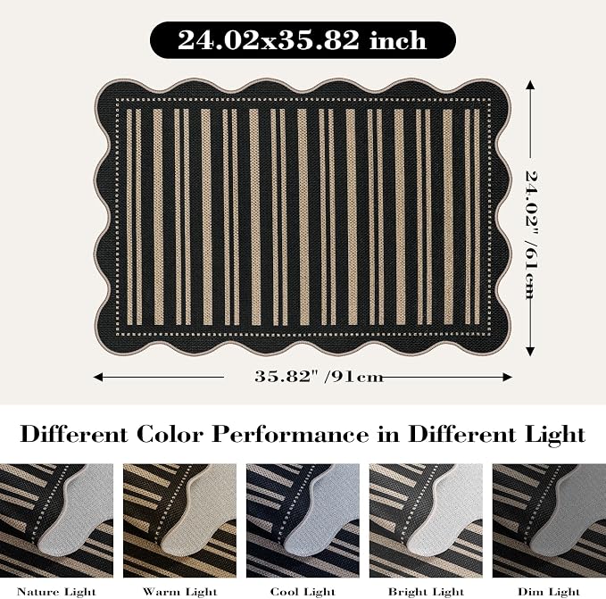 Striped Easy Jute Entryway Rug, 2x3 Black Indoor Outdoor Doormat, Washable