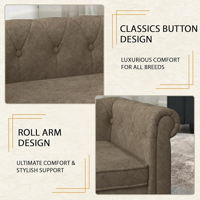 Elevated Rectangle Dog Sofa for Small & Medium Dogs - Comfortable Linen Fabric Dog Bed with Button Tufted Back, Durable Modern and Stylish Pet Bed for Living Room, Bedroom (Brown)