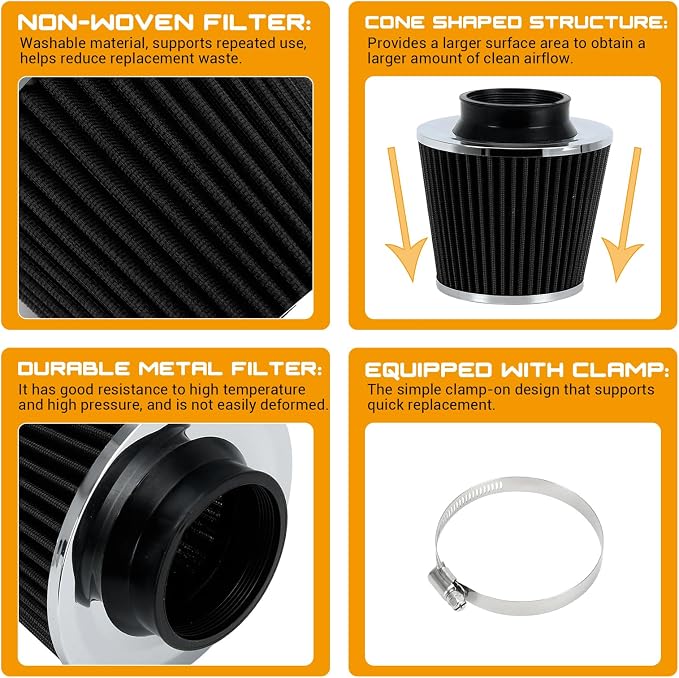 PTNHZ Universal Black 3" 76mm High Flow Cold Air Intake Cone Air Filter Power