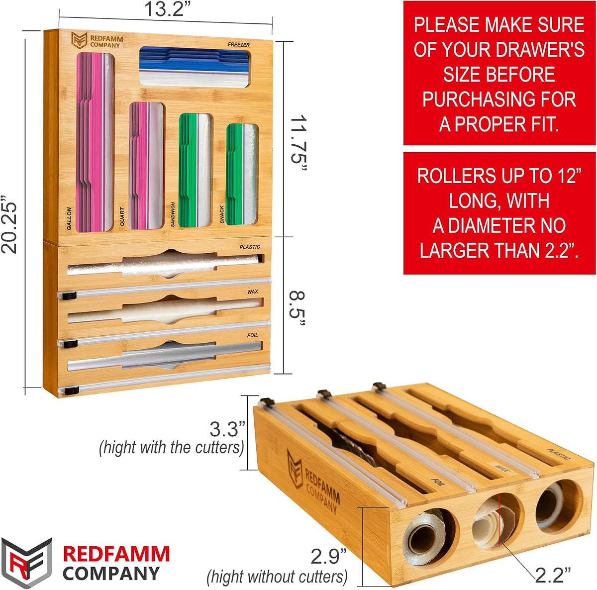 REDFAMM 8in1 Food Storage Bag Organizer Foil and Plastic Wrap Organizer with Cutter, Bamboo Plastic Bag organizer for Kitchen Drawer, Baggie Organizer for Gallon Quart Sandwich Snack Freezer