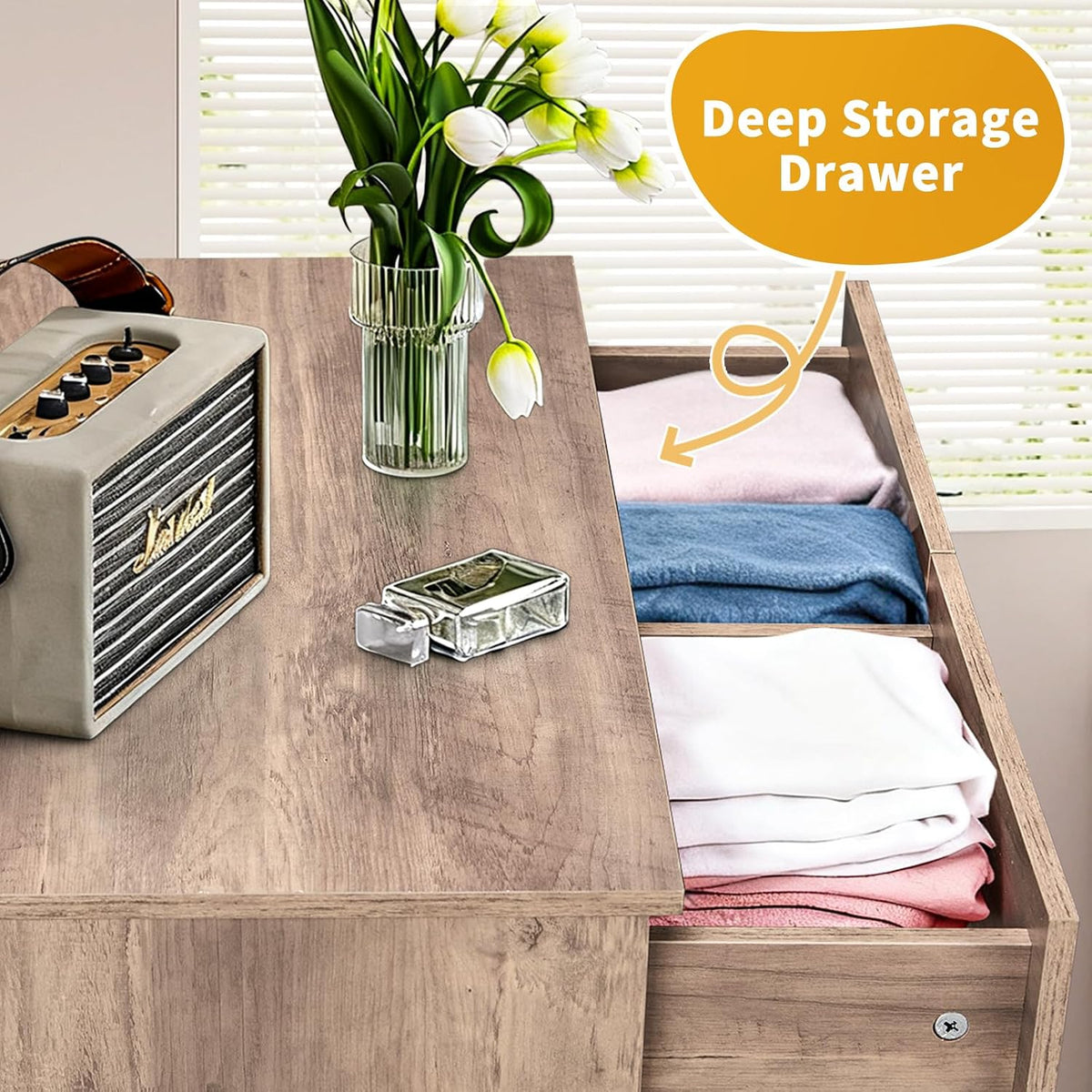 Karl home Grey 5 Drawer Dresser, Wood Chest with Rose Gold Handle
