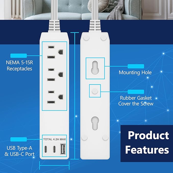 LIDER Outlet Extender with 3 Receptacles, 21W USB Type-A, and 2 USB Type-C, USB Port, Ultra-Thin Wall Plate Plug with Cord Extender, 3-Outlet Power Strip, Flat-Face, ETL-Listed, 3ft Cord, White