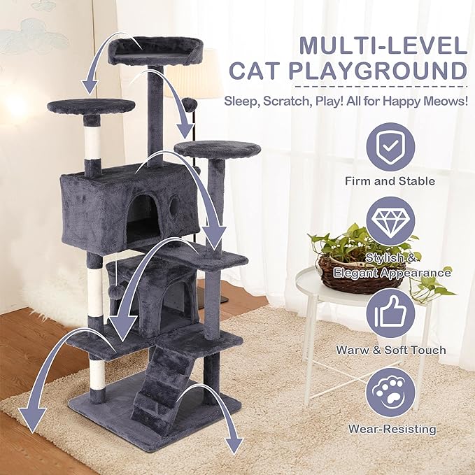 Heavy Duty Cat Tree Tower, 54" Tall Cat Tower for Indoor Cats with Cat Scratching Post with Bed, Cat Condo, Hanging Ball, Multi-Level Cat Climbing Tower Cat Trees Furniture Activity Center, Light Grey