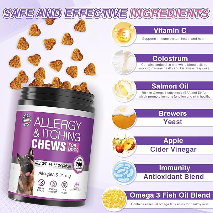 Dog Allergy Chews 200ct - Dog Allergy and Itching Skin Relief Anti Itch Aller Immune Bites for Dogs Licking Paws Treatment Relief Itchy Chew Probiotics Vitamins for Skin and Coat - Peanut Butter
