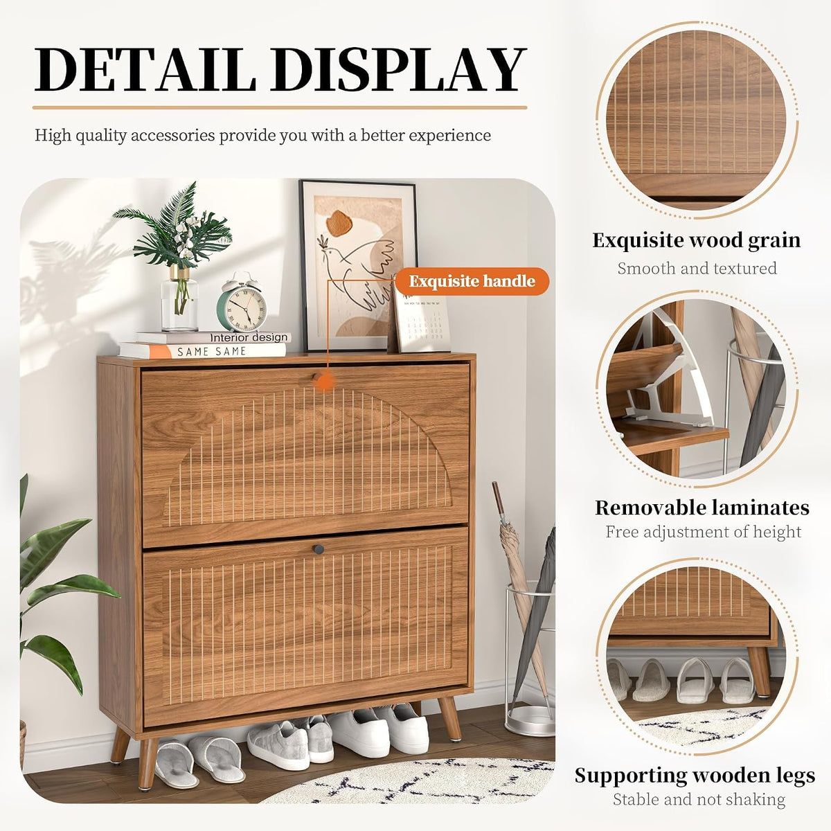 Fsbecl Shoe Cabinet Storage for Entryway with 2 Fluted Flip Drawers, Modern Freestanding Narrow Shoe Organizer with Adjust Shelves, Wooden Hidden Shoe Rack for Foyer, Hallway, Walnut