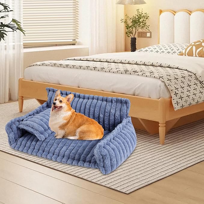 Blue Plush Pet Sofa Bed for Small Dogs & Cats, Removable Washable Fluffy Couch with Pillow, Non-Slip Soft Cat Dog Bed Large Size, Modern Pet Furniture(Blue)