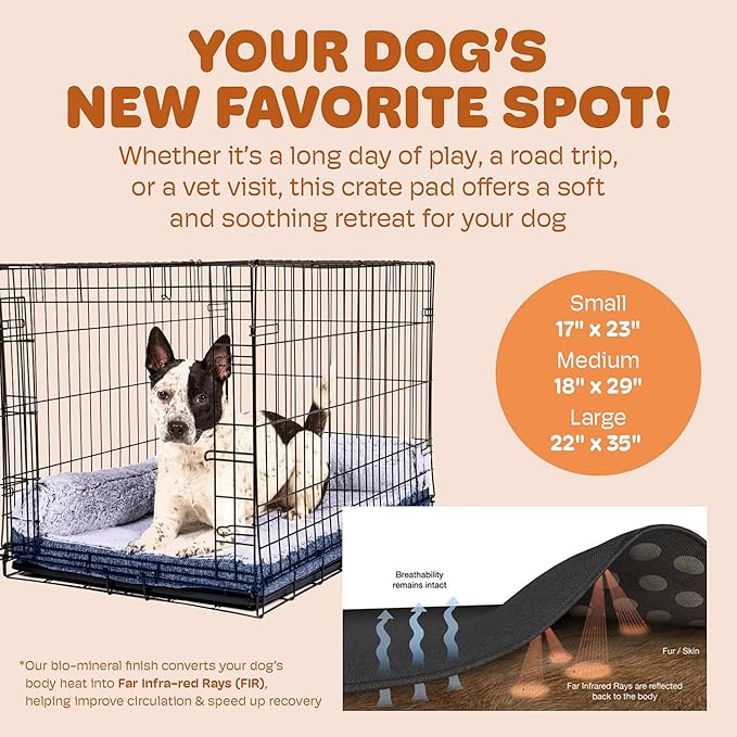 Dog Gone Smart Chill Kuzzi Dual Bolster Crate Pad - Washable Dog Bed Infused with Far Infrared Rays (FIR) Supportive Plush Cushion for Crates, Travel, and Recovery - Slate Blue, Medium 18 x 29 Inches