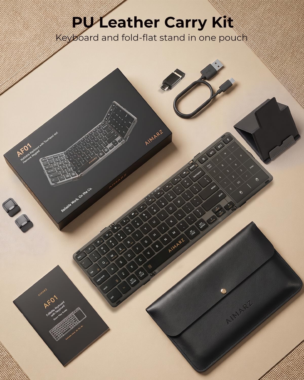 AIMARZ AF01 Foldable Keyboard, Full-Size Keys, Touchpad/Number Pad, Black
