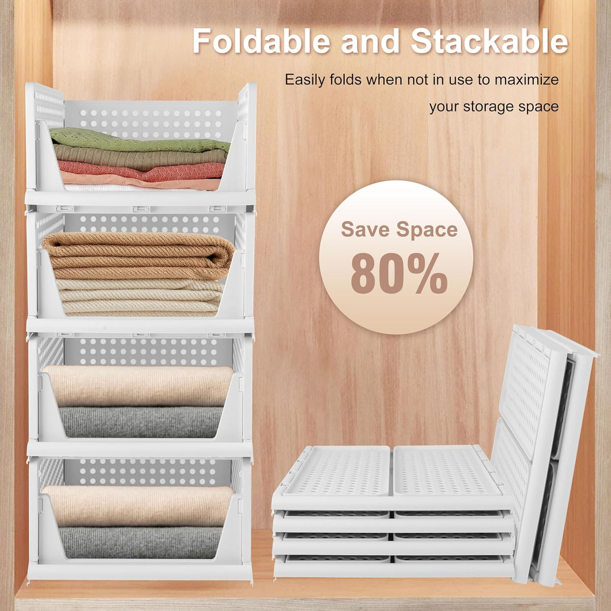 Whitmor Foldable Closet Storage Basket 4 Pack, Space-Saving & Stackable Clothes Storage Organizer, Heavy Duty & Multifunctional Plastic Drawer Shelves for Wardrobe, Kitchen, Bathroom, White