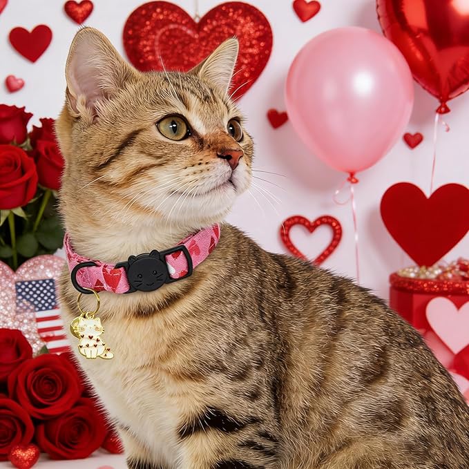 Valentine Cat Collar-2 Pack Collars Red and Pink Love-Heart Print Breakaway with Kitten and Bell Pendant Safety Buckle Adjustable Pet Collar for Cats Gift for Cats and Small Pets