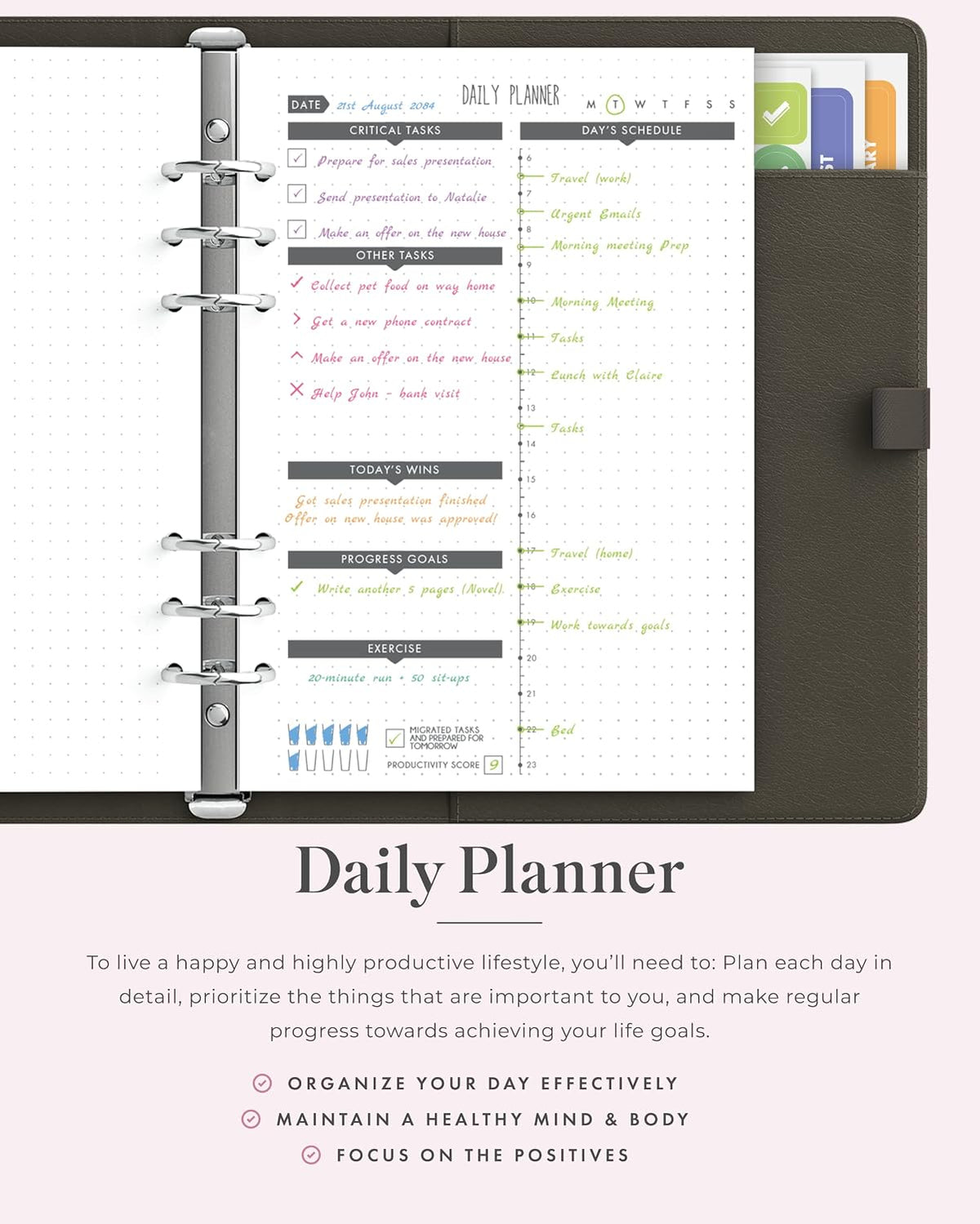 LUX PRO A5 - Daily Planner & appointment diary 2024 - Gratitude journal, wellness journal & Undated weekly planners and organisers - Desk journals for women & men - LUX Productivity (Brown - Walnut)