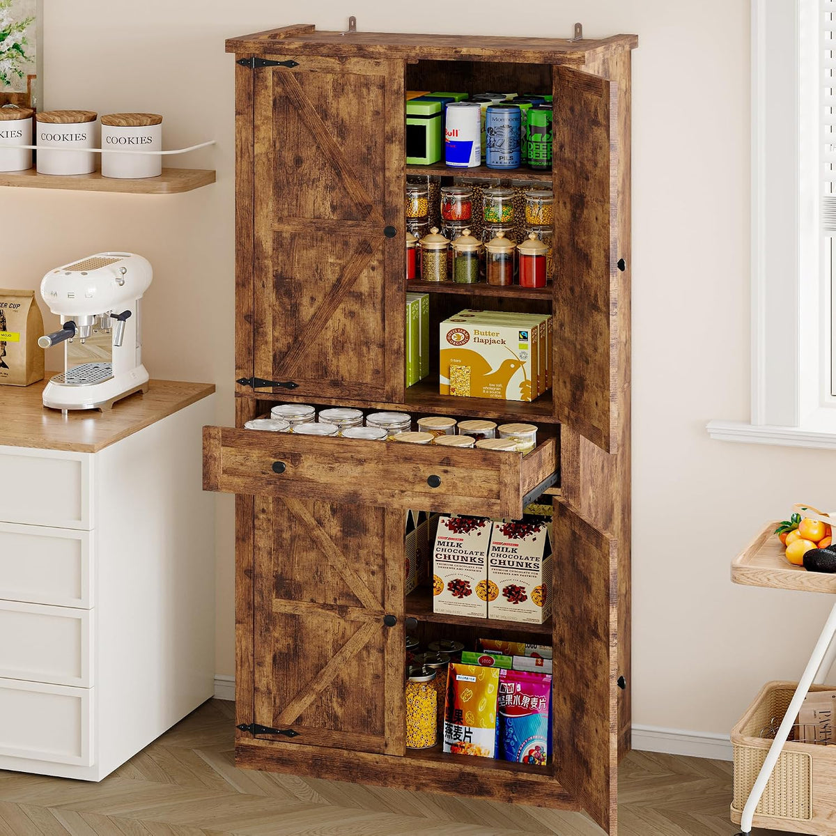 BORNOON Pantry Organizers and Storage Cabinet, 67.71” Barn Door Kitchen Cabinet with Drawers and Adjustable Shelf, Tall Pantry for Kitchen, Dining Room, Living Room