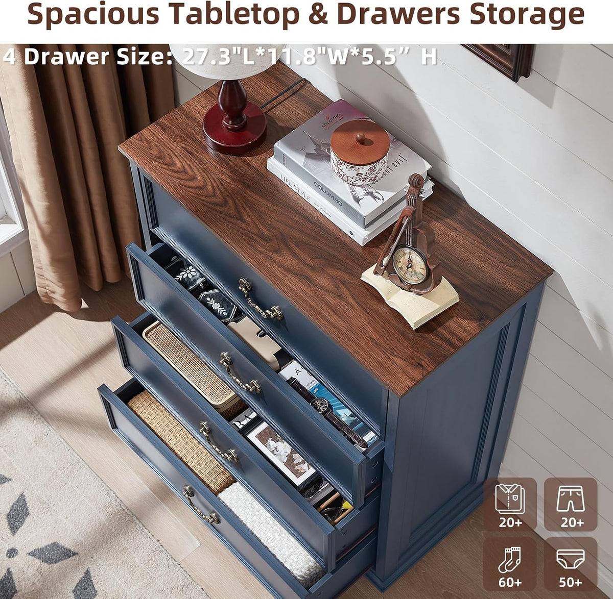 Joaxswe Farmhouse 4 Drawer Dresser for Bedroom, 37" Tall Rustic Chests of Drawers w/ 4 Solid Wood Feet, Mid Century Modern Wooden Closet Storage Dressers Organizer for Living Room, Hallway, Navy Blue