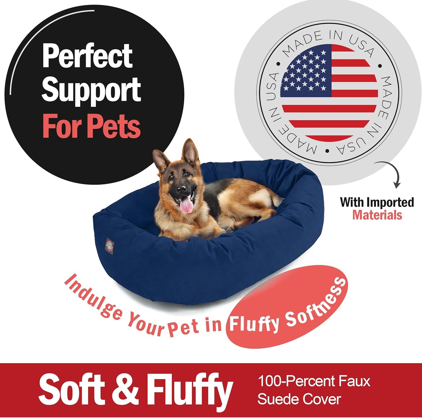 Majestic Pet 52 Inch Suede Calming Dog Bed Washable 52x35x11 (Inch) – Cozy Soft Round Donut Dog Bed with Spine Support for Dogs to Rest Their Head - Pet Bed X- Large – Navy (2025)
