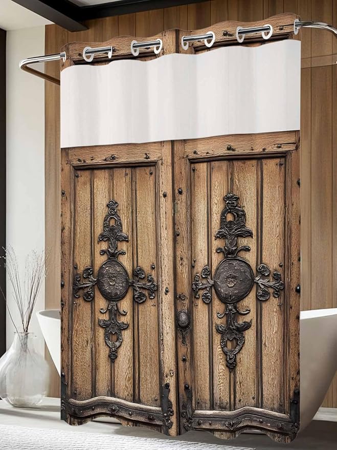 Wood Barn Door No Hook Shower Curtain