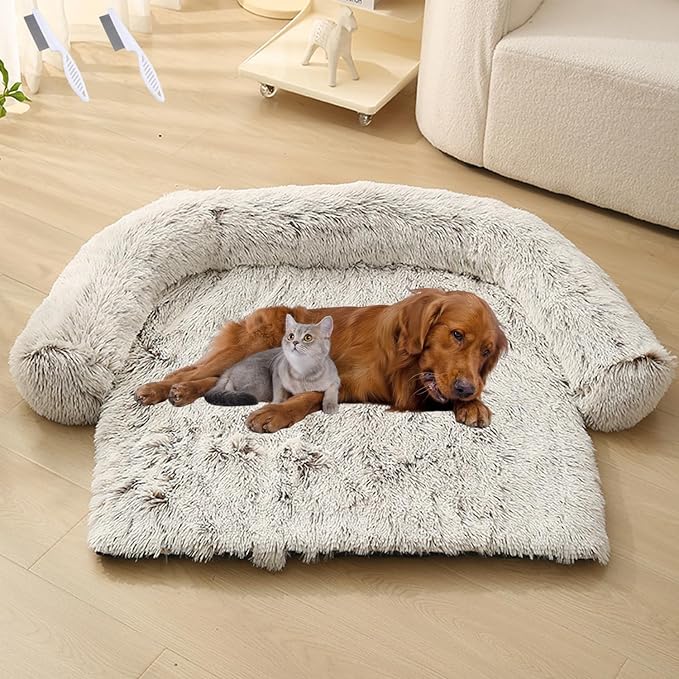 Dream Cloud Pet Sofa Bed for Dogs Cats, 2026 Washable Removable Calming Fluffy Plush Mat for Furniture Protector, Long Fur Non-Slip, for Small/Medium/Large Home Pets (Coffee, L: 37.4 * 33.5IN)