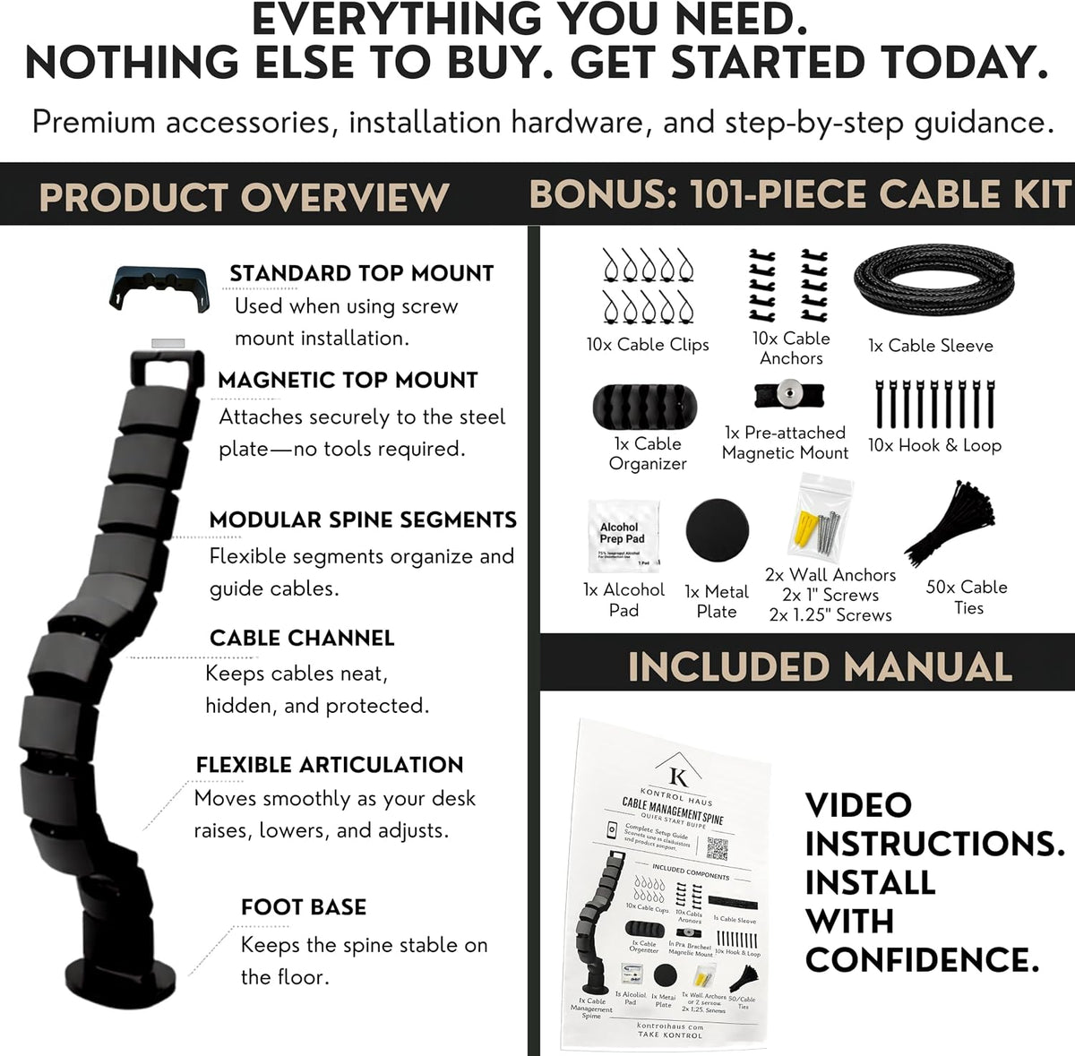 Under Desk Cable Management Spine, Standing Desk Wire & Cord Organizer, Adjustable 53 Inch Cable Spine, Magnetic & Screw-in Mount, Black Vertebrae, Snake, 101-Piece Kit, Cable Management Kit