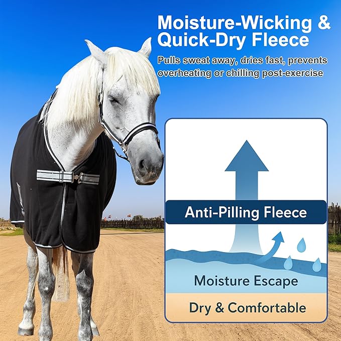 Horse Fleece Cooler, Blanket Liner - 300g Anti-Pilling Fleece, Moisture-Wicking, Cooling & Drying for Post-Workout, Bath & Travel, Prevent Overheating & Chilling Black 78