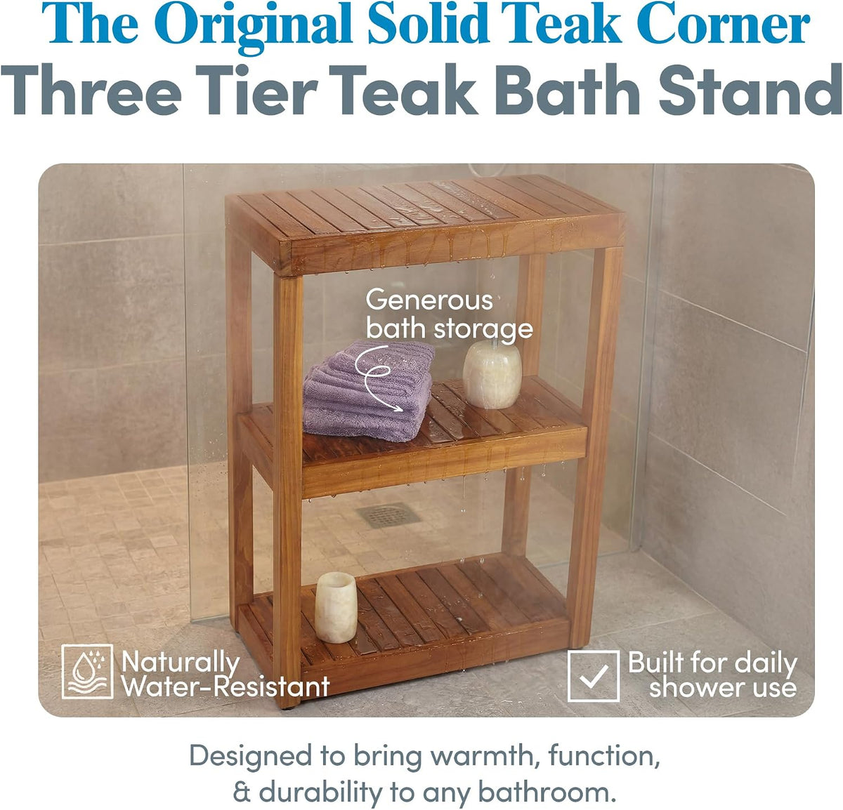 AquaTeak 12" Original Sula Rectangle Teak Bathroom Stand - Shower Stand with 3 Tier Shelf - Durable Water Resistant Shower Organizer - Space-Saving Storage Shelves with Anti-Slip Feet