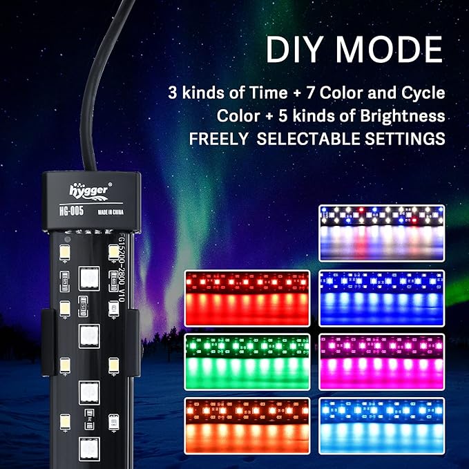 hygger 24/7 Mode Submersible Aquarium LED Light, Full Spectrum Hidden Fish Tank Light with 3 Rows Beads 7 Colors Auto On Off Sunrise-Daylight-Moonlight, Adjustable Timer Brightness 8W
