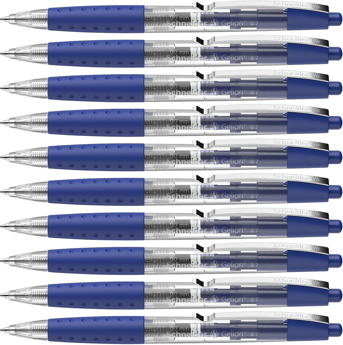 Schneider Gelion+ Gel Pen, Refillable and Retractable, Gel Ink, 0.7 mm, Transparent Barrel, Blue Ink, Box of 10 Pens (101003)