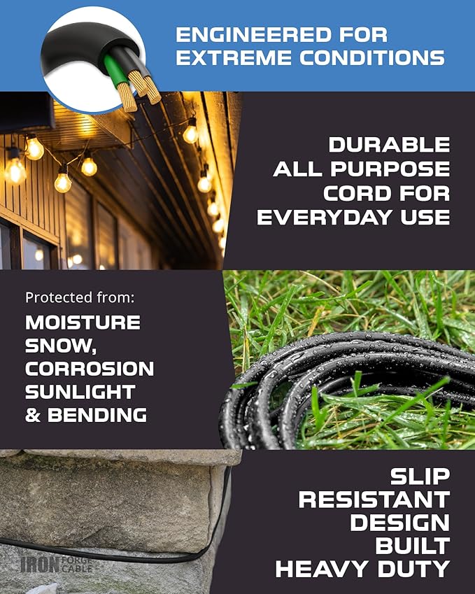 Iron Forge Cable 50 Ft Black Extension Cord with 3 Outlets - 16/3 SJTW 50 Foot Extension Cord 3 Prong, Weatherproof Exterior Power Cable for Outdoor