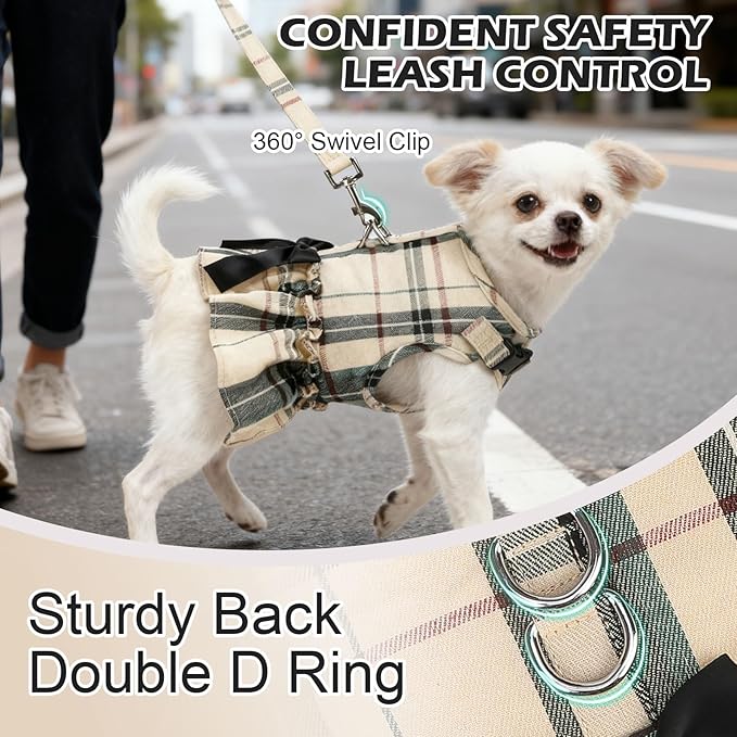 EXPAWLORER Dog Harness Small Medium Sized Dogs, Plaid Dog Dress Bowknot Harness and Leash Set, No Choke No Pull Soft Mesh Vest Cute Princess Puppy Outfits Clothes Costume for Girls Party Cats Beige S