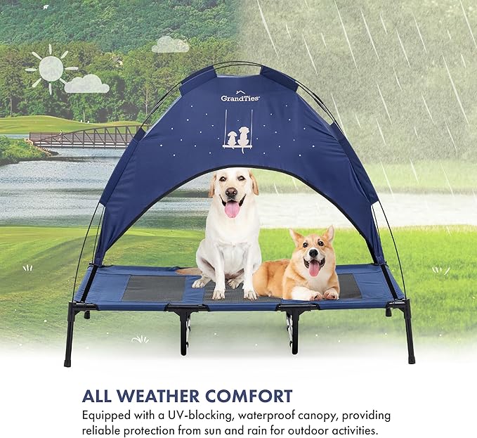 GrandTies Cooling Elevated Dog Bed with Canopy – XL Portable Pet Cot for Outdoor & Indoor Use – Waterproof Removable Shade, Breathable Mesh, Slip-Resistant Feet, Easy Assembly – Blue Berry