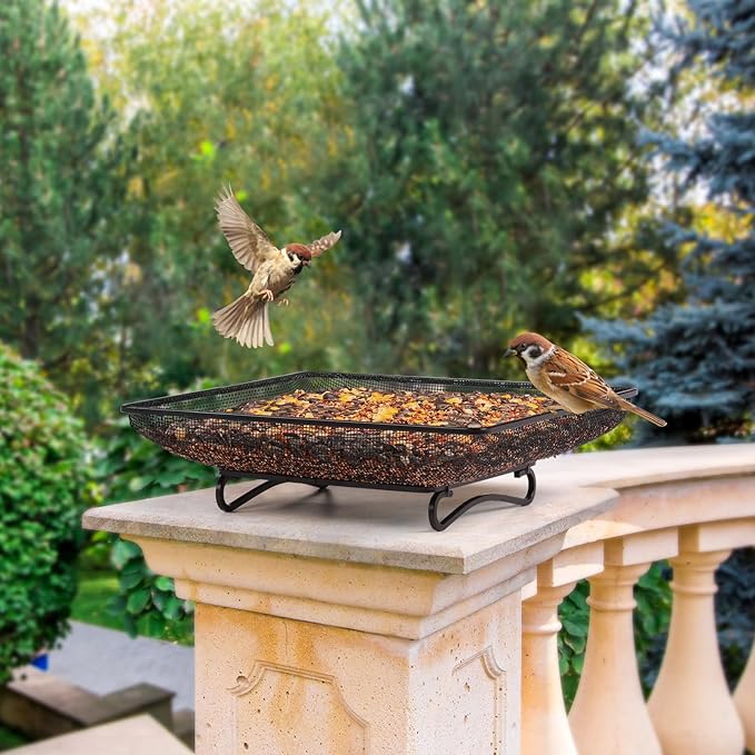 MIXXIDEA Ground Bird Feeder Tray 11x11 Inches, Metal Platform Mesh Seed Tray for Bird Feeders, Great Attracting Garden Yard Decoration for Wild Birds Squirrels Dove,2 Pack