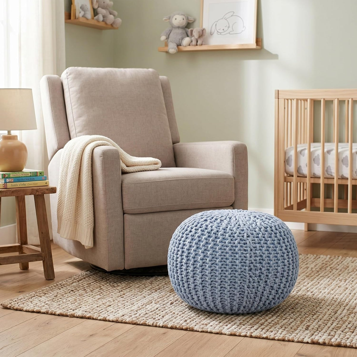 BIRDROCK HOME Round Pouf Ottoman Foot Rest, Soft Blue, 18.5”x18.5”x15”