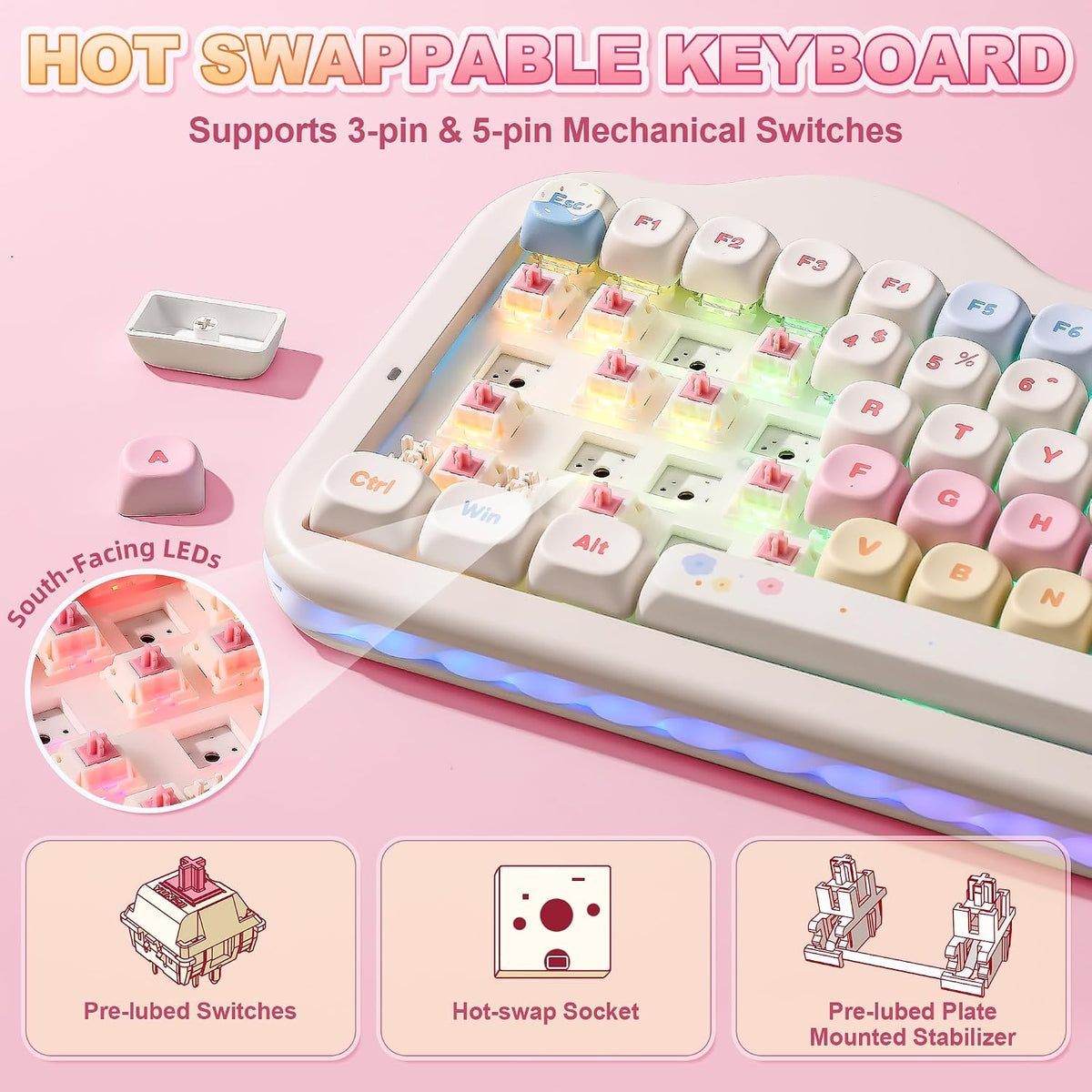 YUNZII C75 Cute 75% Wireless Mechanical Keyboard (Beige, Candy Switch)