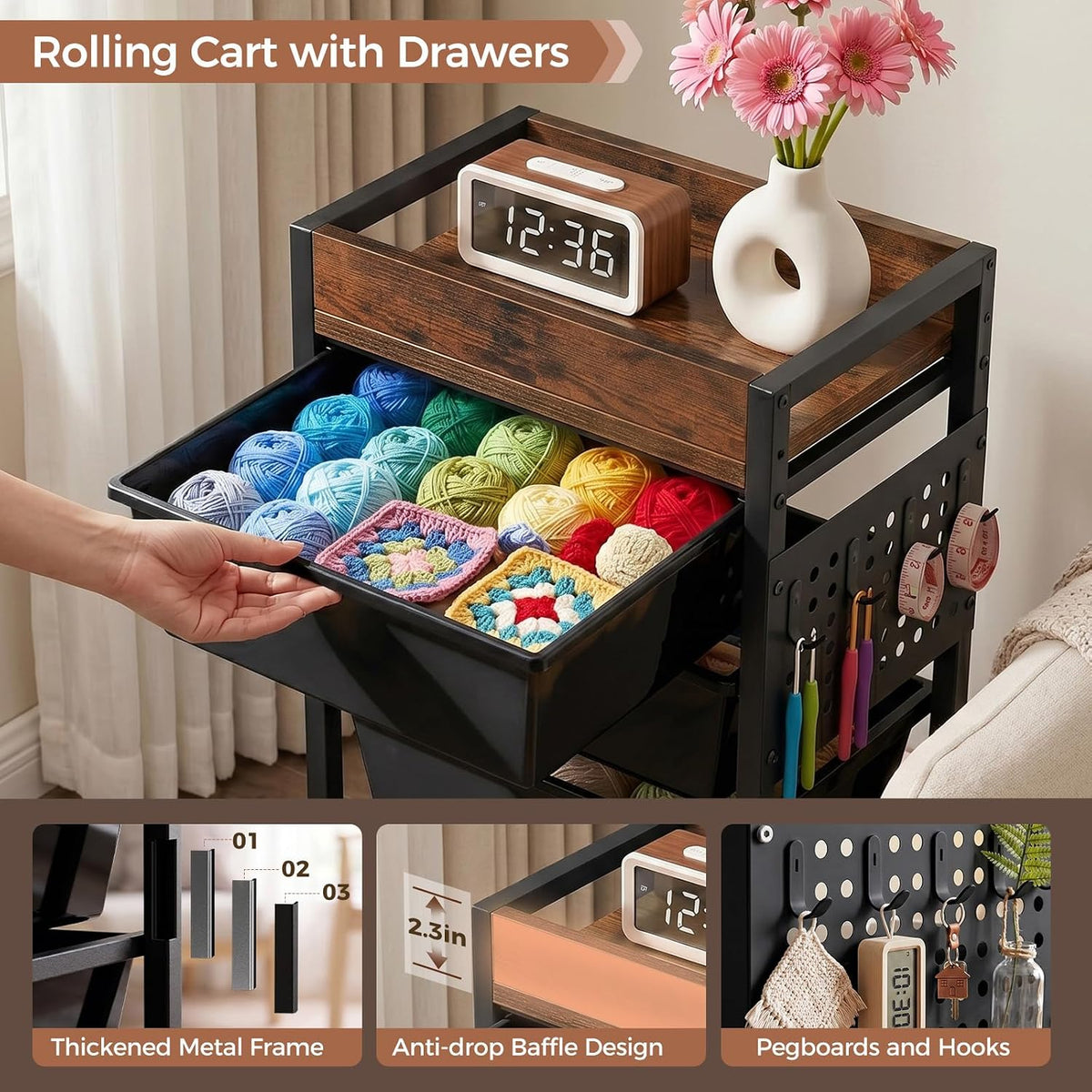 6 Tier Rolling Cart with Drawers, Plastic Drawer Storage Craft Cart with Pegboards & Hooks, Metal Utility Cart with Wheels & Wooden Tabletop, Classroom Office Art Supply Organizers and Storage, Black