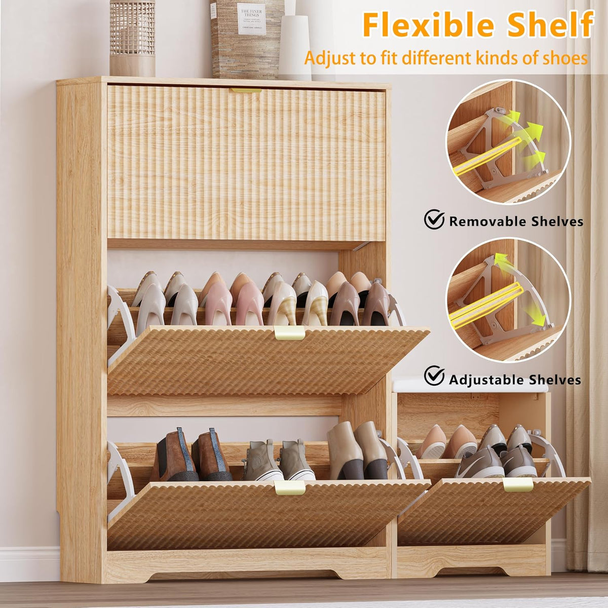 BORNOON Slim Shoe Cabinet with Bench for Entryway, Hidden Storage and Adjustable Shelves, Free Standing Wooden Shoes Organizer for Hallway, Foyer