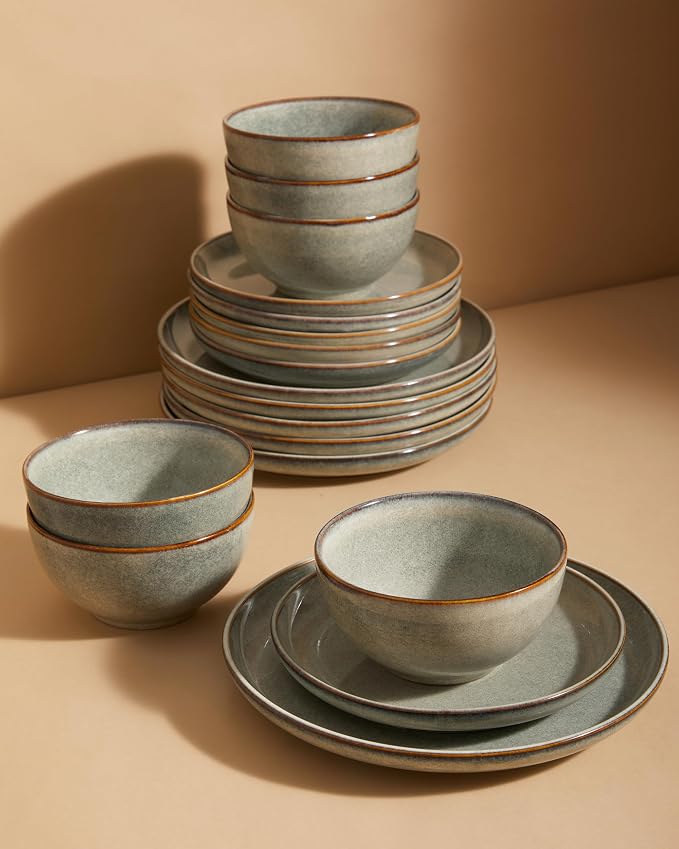 Stoneware Dinnerware Sets for 6, 18 Pieces Ceramic Plates and Bowls Sets