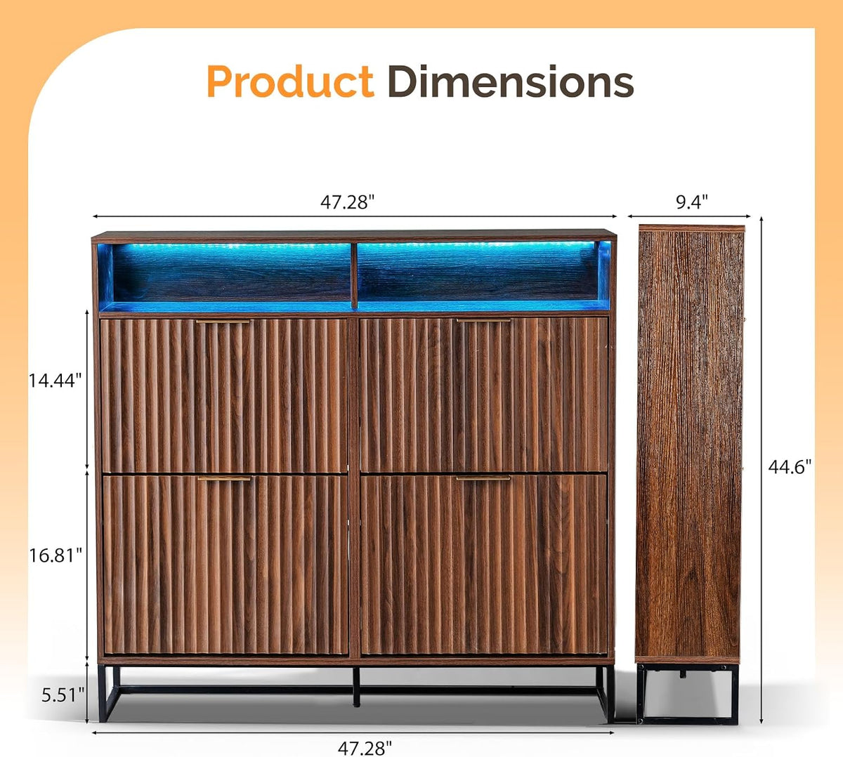 VINGLI Walnut Fluted Shoe Cabinet for Entryway, Narrow Hidden Shoe Storage Organizer with 4 Flip Drawers & 16-Color LED Lights, Mid Century Modern Slim Freestanding Shoe Rack with Cubby