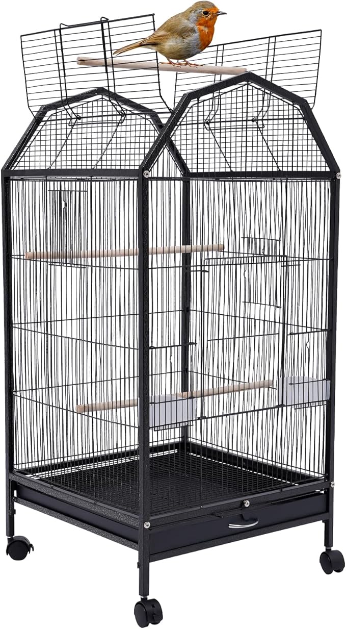 Black Wrought Bird Cage with Open-Top and Rolling Stands, 40-Inch Iron Large Bird Cage, 5 Doors Pet Birds Flight Birdcages for Mid-Sized and Small-Sized Birds